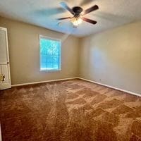 spare room with ceiling fan and carpet