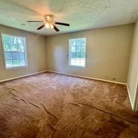 carpeted spare room with ceiling fan