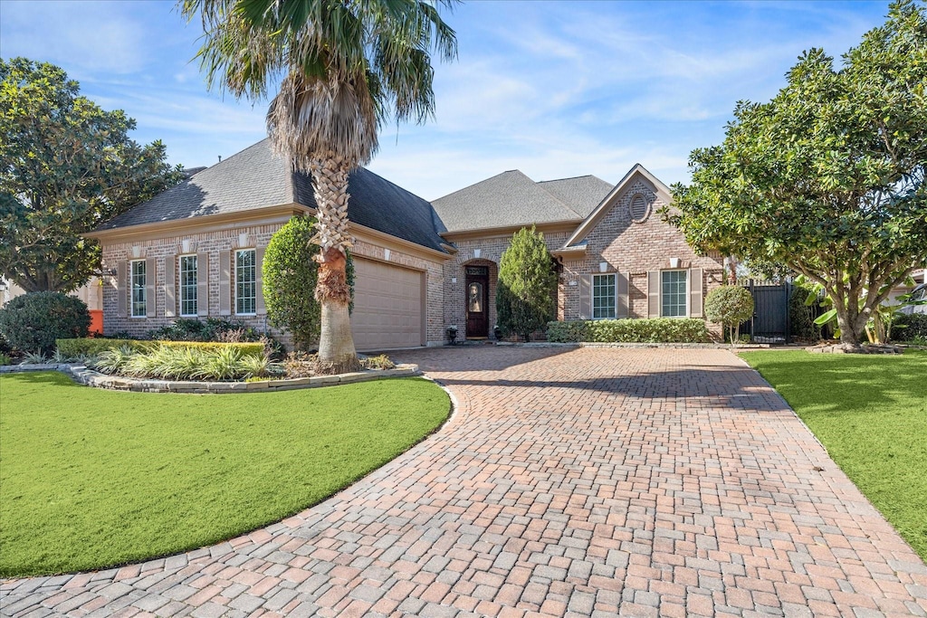 view of front facade featuring a garage and a front lawn