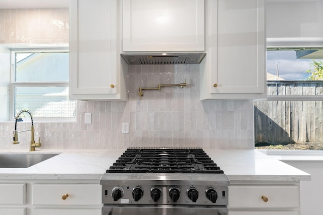 kitchen featuring white cabinets, light stone countertops, sink, and tasteful backsplash