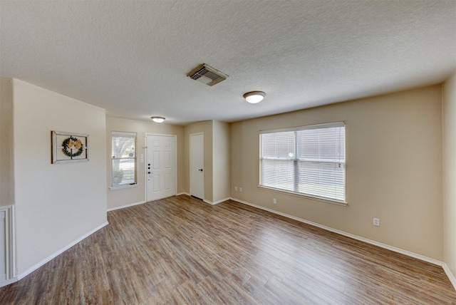 foyer entrance with a wealth of natural light, light hardwood / wood-style flooring, and a textured ceiling