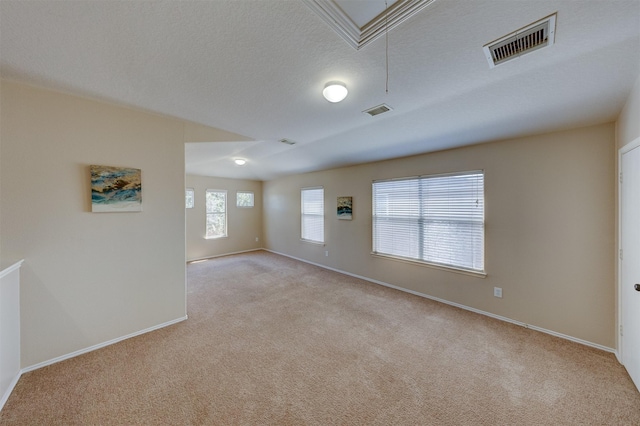 carpeted spare room featuring a textured ceiling