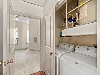 washroom featuring carpet and independent washer and dryer