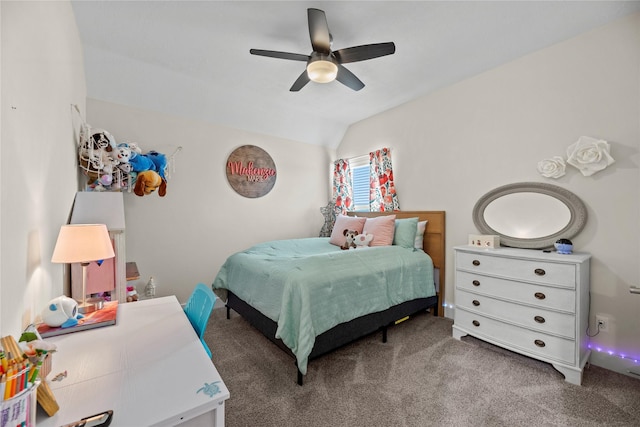 bedroom with ceiling fan, carpet, and vaulted ceiling