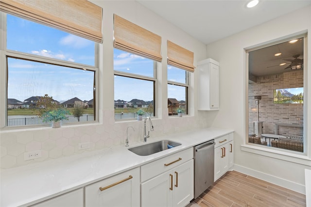 kitchen featuring white cabinetry, decorative backsplash, sink, and stainless steel dishwasher