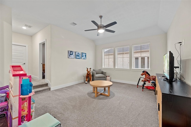 rec room featuring carpet, vaulted ceiling, and ceiling fan