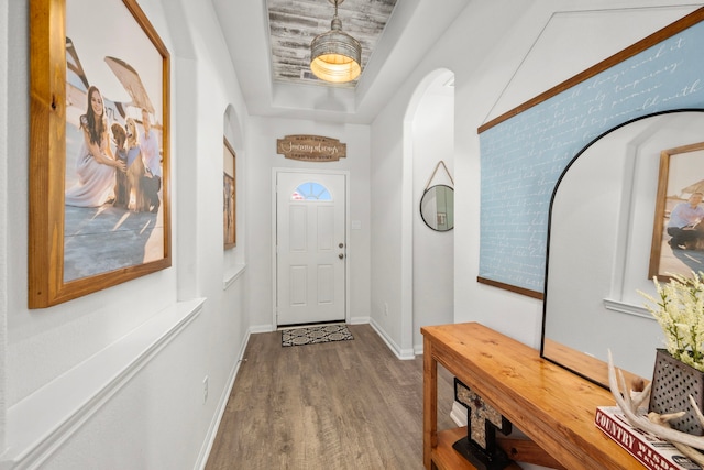 doorway with a tray ceiling and hardwood / wood-style floors