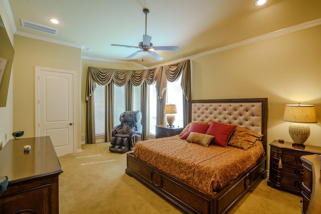 bedroom featuring ceiling fan, crown molding, and light carpet