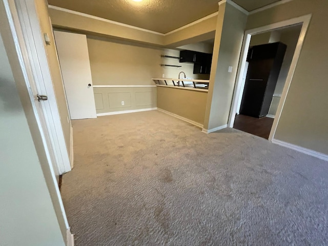 unfurnished living room featuring carpet flooring, sink, and ornamental molding