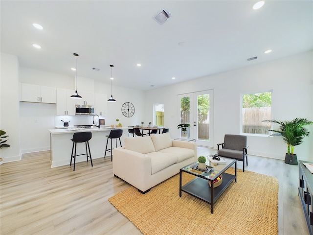 living room with light hardwood / wood-style floors, sink, and french doors