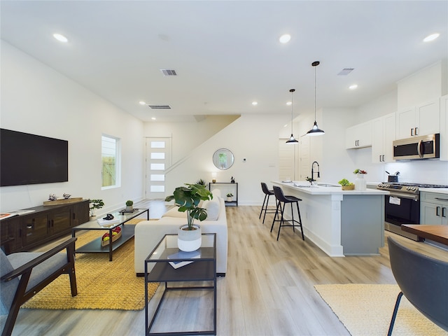 living room with light hardwood / wood-style flooring and sink