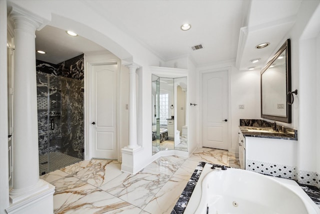 full bathroom featuring vanity, toilet, crown molding, and plus walk in shower