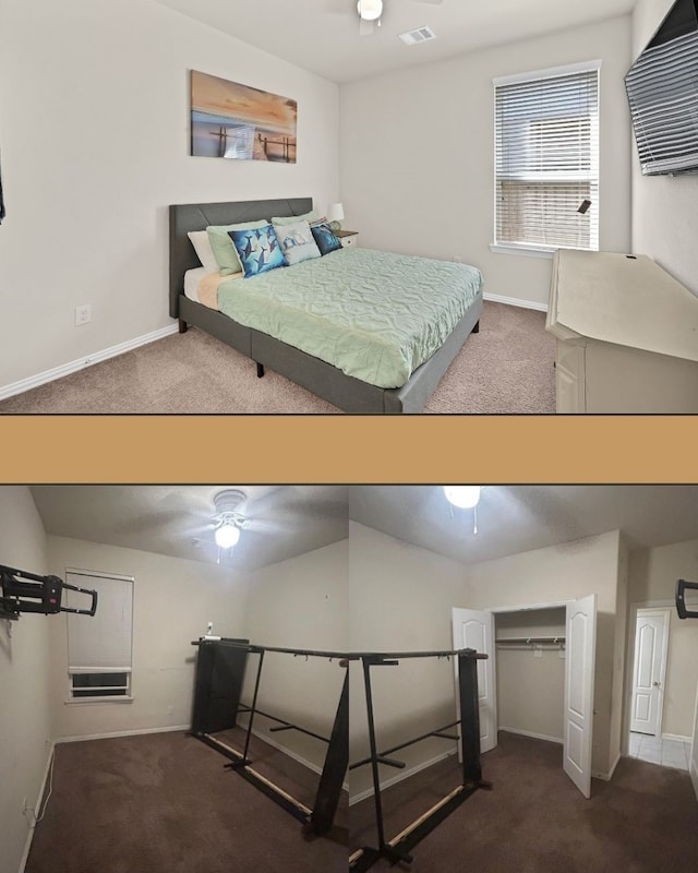 carpeted bedroom featuring ceiling fan