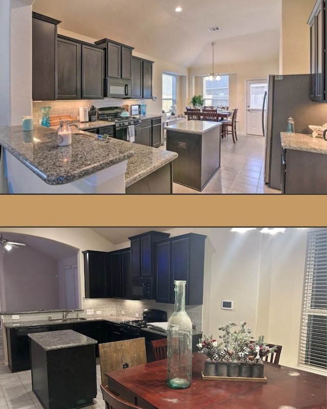 kitchen with a center island, black appliances, vaulted ceiling, light tile patterned flooring, and kitchen peninsula