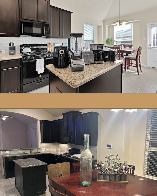 kitchen featuring black appliances, decorative light fixtures, a kitchen island, and light tile patterned flooring