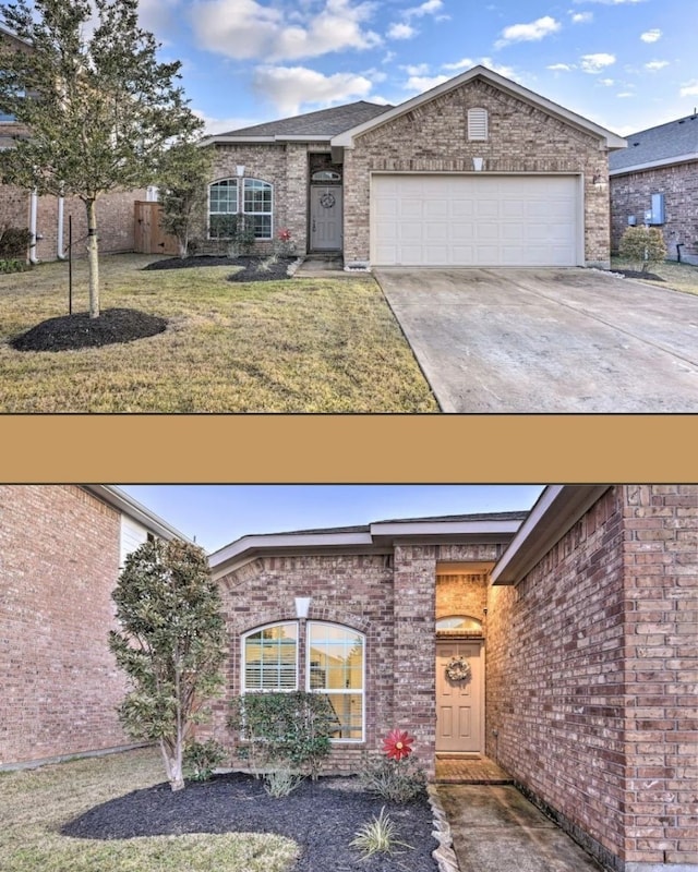 single story home featuring a garage and a front lawn