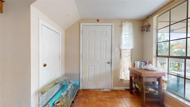 tiled foyer entrance with vaulted ceiling and a textured ceiling