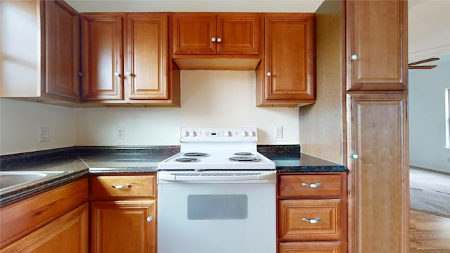 kitchen with electric range and ceiling fan