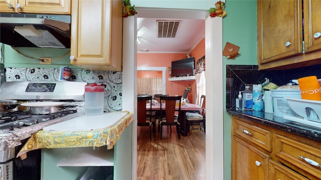 kitchen with decorative backsplash, ceiling fan, crown molding, hardwood / wood-style floors, and stainless steel range with gas cooktop