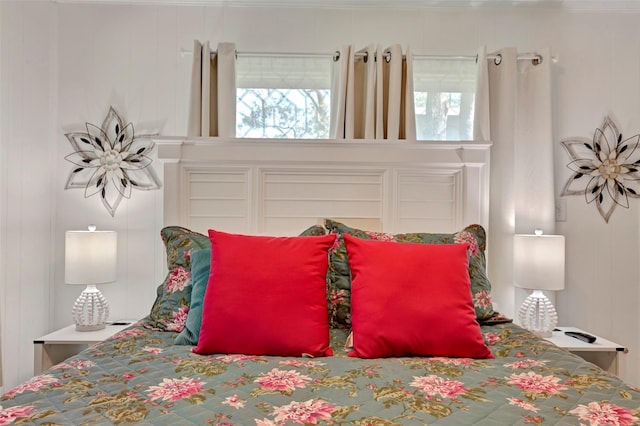 bedroom with wooden walls