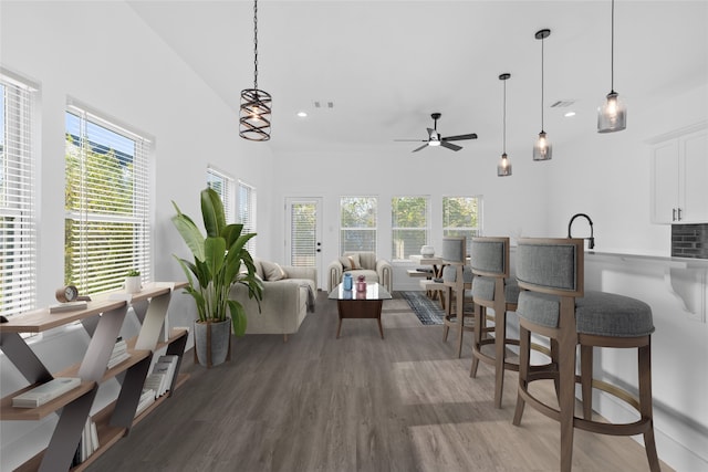 interior space featuring ceiling fan, a wealth of natural light, and hardwood / wood-style floors