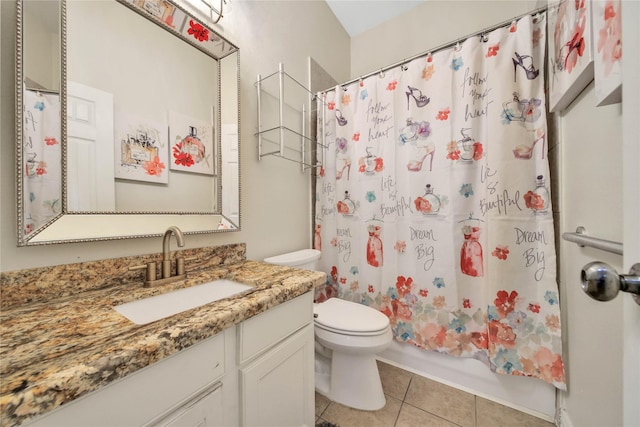 full bathroom with tile patterned floors, vanity, shower / tub combo, and toilet