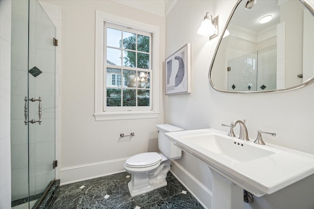 bathroom featuring an enclosed shower and toilet