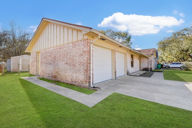 view of property exterior featuring a lawn and a garage