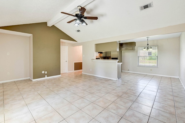 unfurnished living room featuring lofted ceiling with beams, light tile patterned flooring, and ceiling fan with notable chandelier