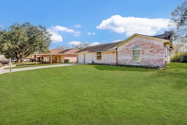 single story home with a garage and a front lawn