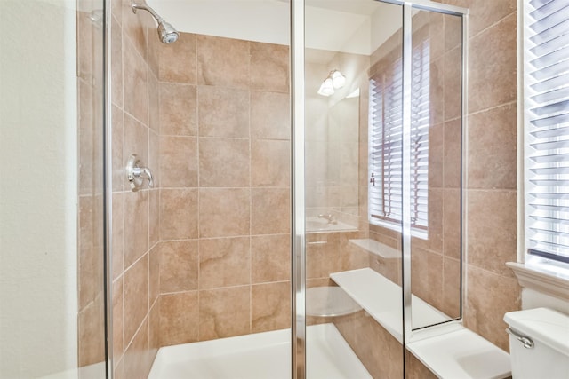 bathroom featuring plenty of natural light, toilet, and a shower with door