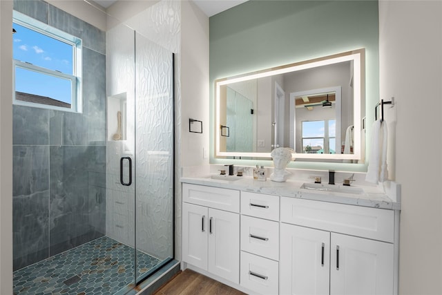 bathroom with vanity, a shower with shower door, and hardwood / wood-style flooring