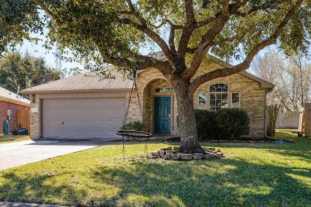 ranch-style home featuring a front yard and a garage