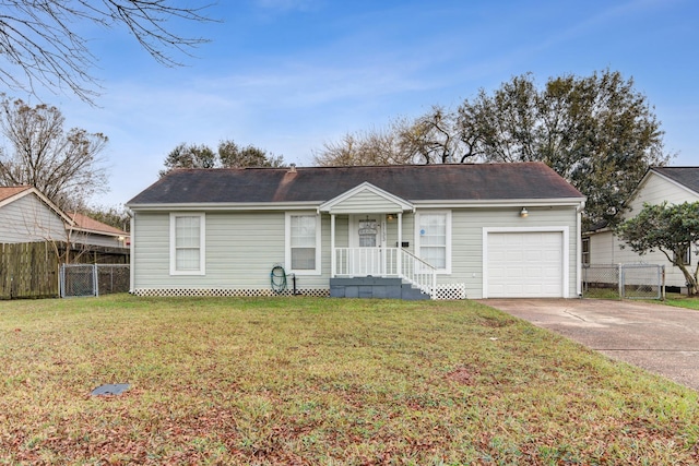 ranch-style house featuring a front lawn and a garage