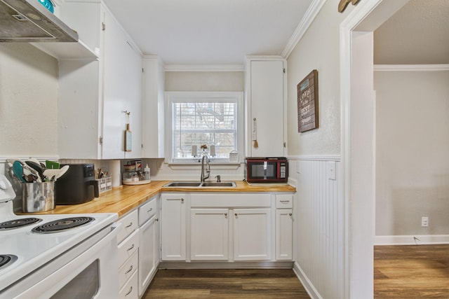 kitchen with white range with electric cooktop, dark hardwood / wood-style flooring, sink, and white cabinetry