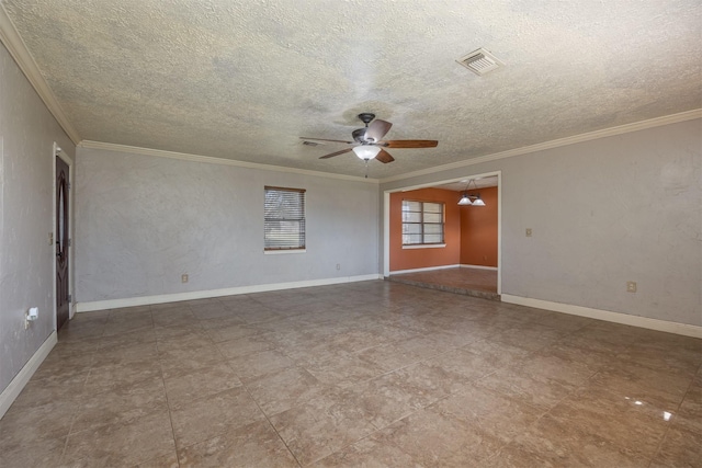 unfurnished room with ceiling fan and ornamental molding