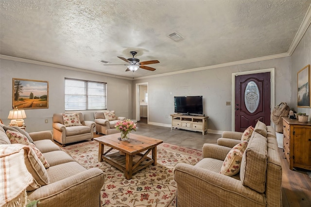 living room with concrete flooring, a textured ceiling, ceiling fan, and crown molding