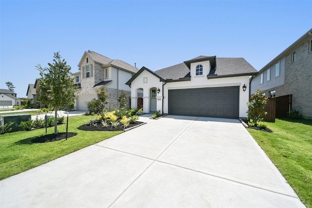 french provincial home featuring driveway, stucco siding, a garage, and a front yard