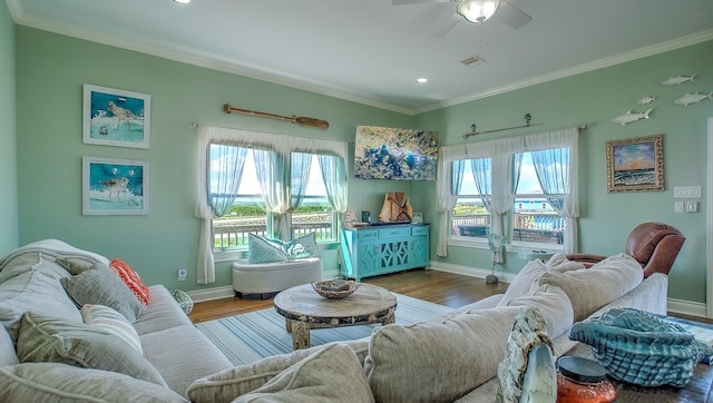 living room featuring hardwood / wood-style floors, ceiling fan, and ornamental molding