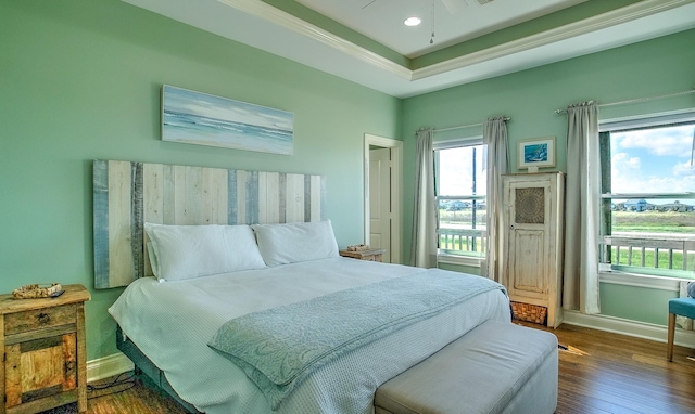 bedroom with multiple windows, dark hardwood / wood-style flooring, a tray ceiling, and ceiling fan