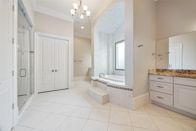 bathroom with vanity, tile patterned floors, ornamental molding, a chandelier, and shower with separate bathtub