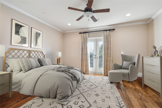 bedroom with ceiling fan, access to outside, french doors, wood-type flooring, and crown molding