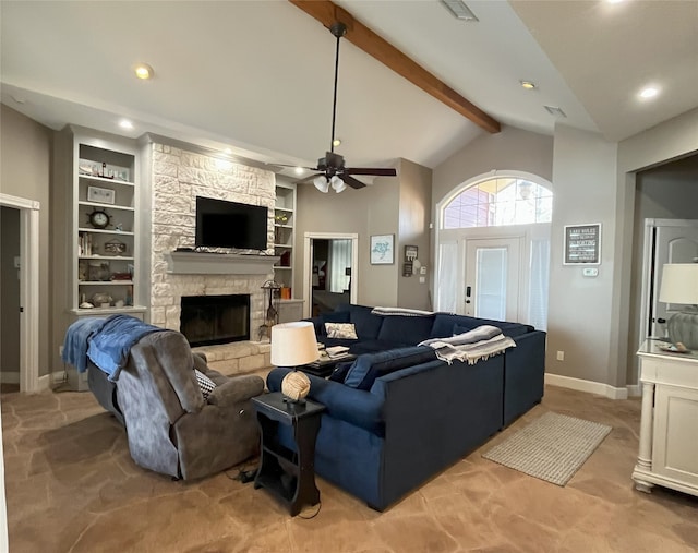 112 Lcr 799a, Groesbeck, TX 76642 - living area with a fireplace, ceiling fan, built in shelves, and recessed lighting