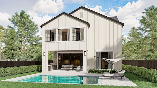 rear view of property featuring an outdoor hangout area, a fenced in pool, and a patio