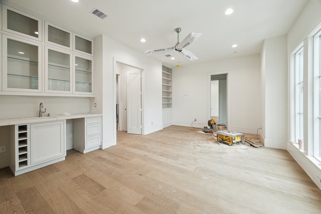 interior space with built in shelves, light hardwood / wood-style floors, and sink