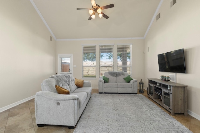 tiled living room featuring ceiling fan and crown molding