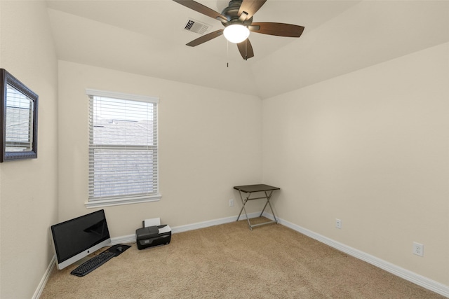 unfurnished room with ceiling fan, light colored carpet, and lofted ceiling