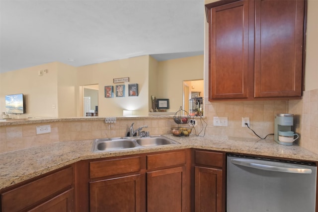 kitchen featuring light stone countertops, dishwasher, sink, tasteful backsplash, and kitchen peninsula