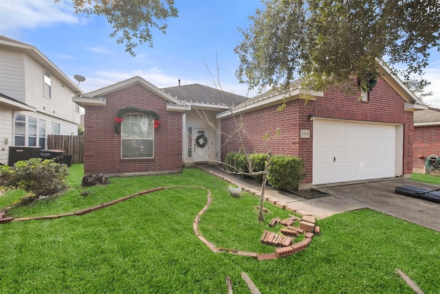 ranch-style home featuring a garage and a front lawn