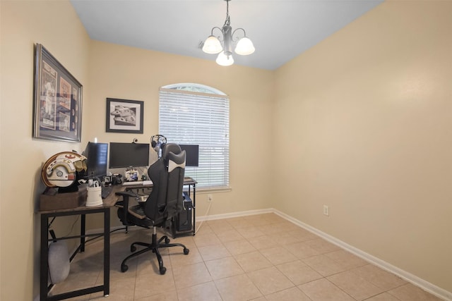 office featuring light tile patterned floors and an inviting chandelier